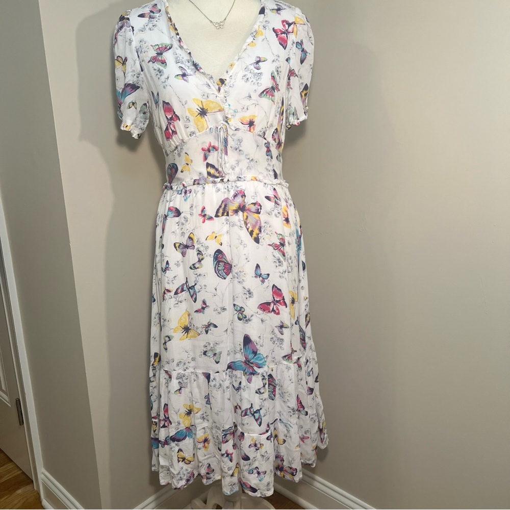 Betsey Johnson White Butterfly Print Midi Dress with Pink, Yellow & Blue Accents